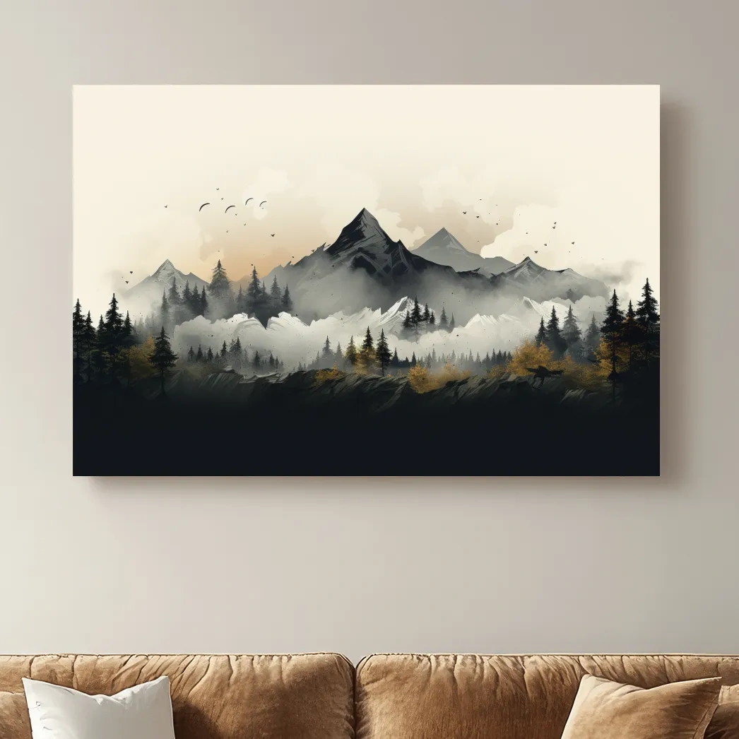 Misty Mountain Range With Pine Forest Illustration - Moody Landscape Wall Art
