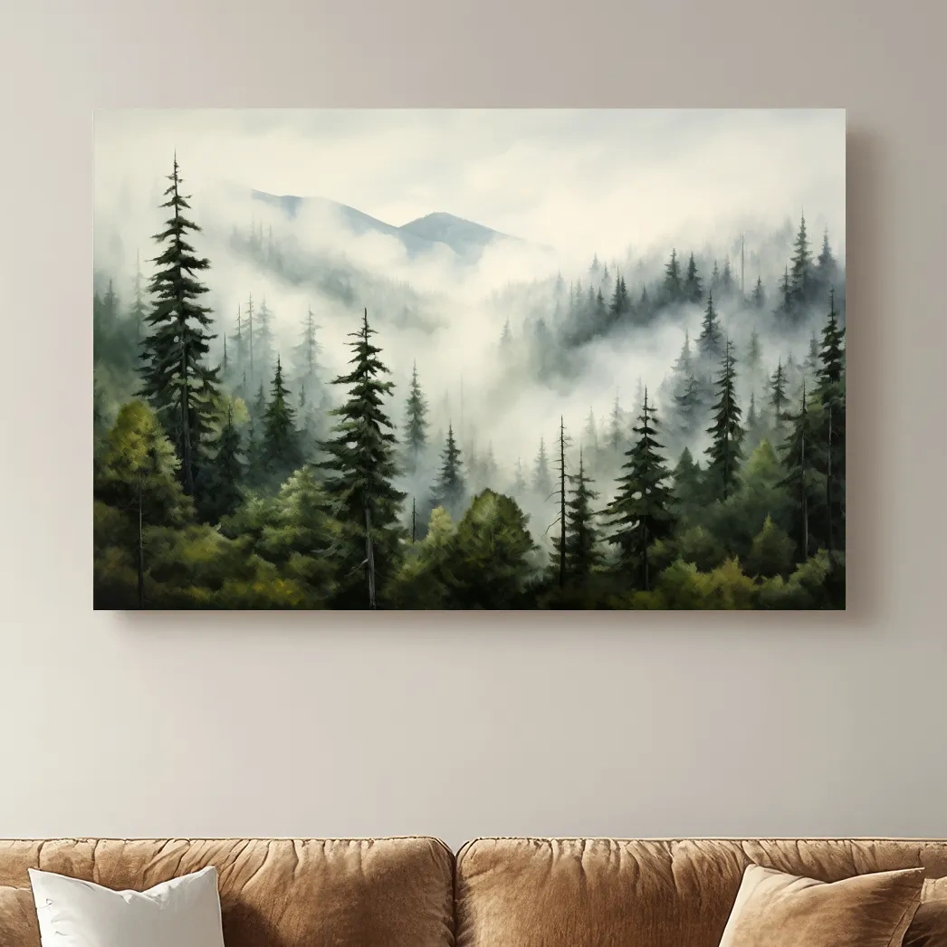 Foggy Alpine Mountain Forest Painting - Moody Watercolor Landscape Wall Art