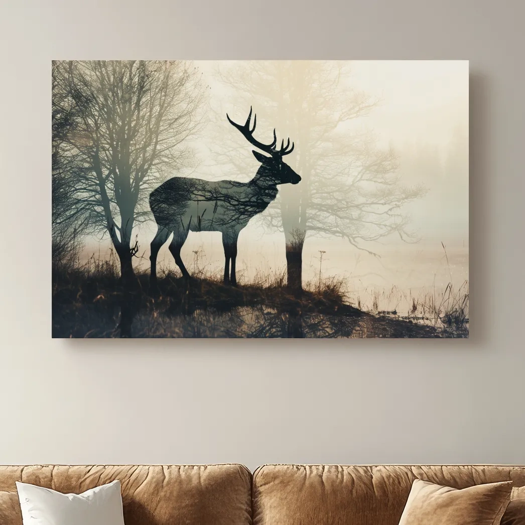 Misty Deer Silhouette Forest Landscape - Double Exposure Wildlife Photography Wall Art