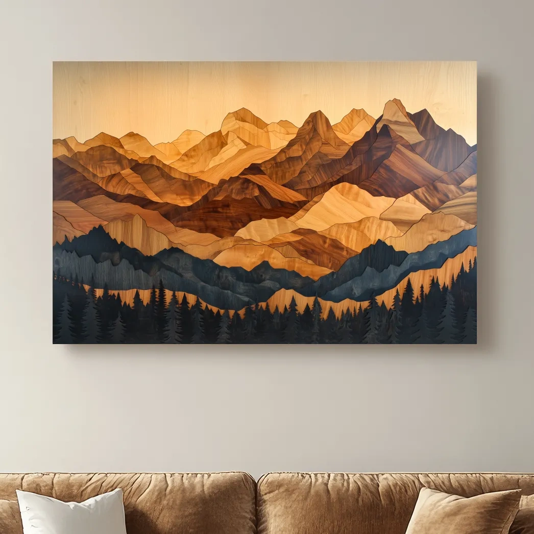 Layered Woodcut Intarsia Mountain Range Landscape - Peaks And Pine Forest Wall Art