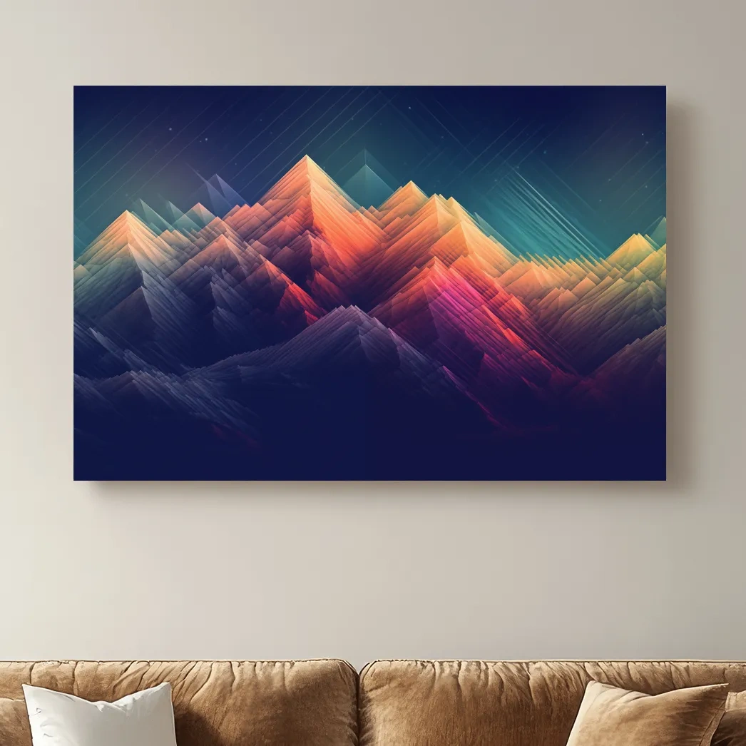 Vibrant Geometric Neon Mountain Peaks - Abstract Alpine Wall Art