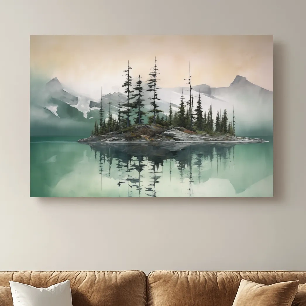 Misty Turquoise Alpine Lake Reflection - Serene Watercolor Mountain Landscape Wall Art