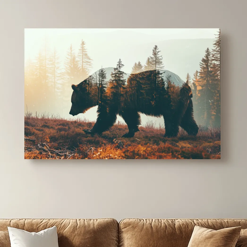 Double Exposure Grizzly Bear Forest - Misty Mountain Wildlife Photographic Artwork