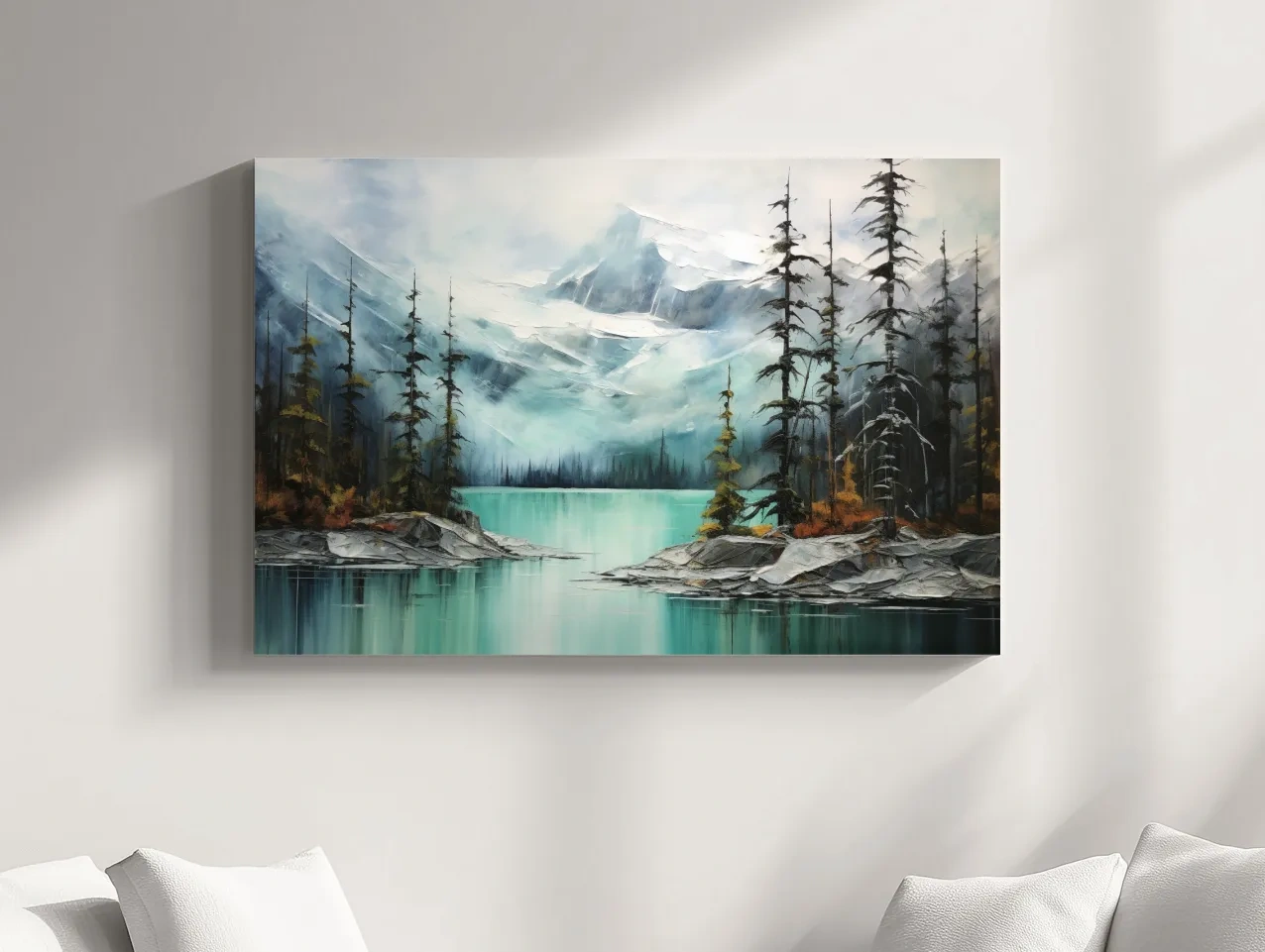 Misty Turquoise Mountain Lake Painting - Serene Alpine Forest Landscape Wall Art
