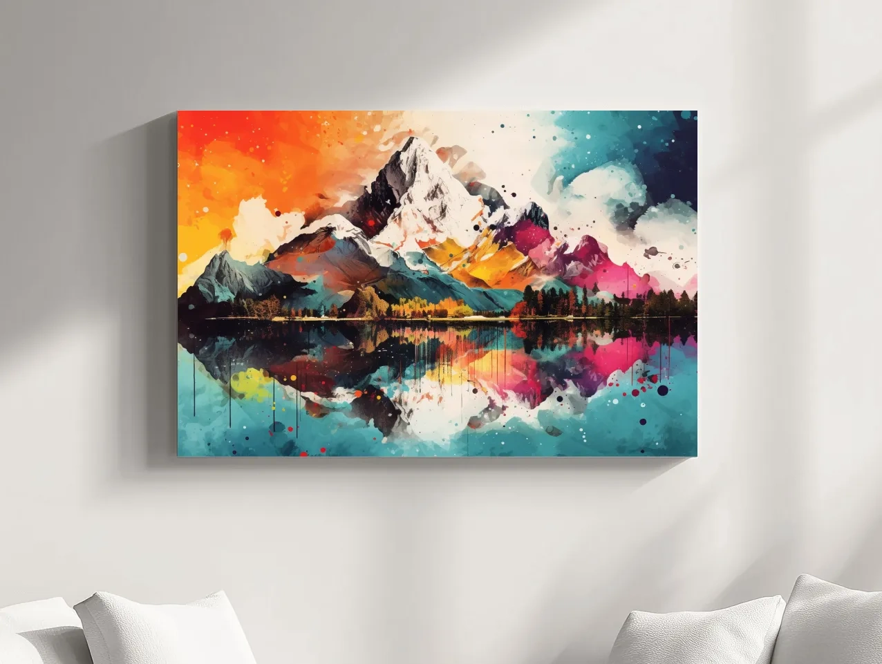 Vibrant Abstract Mountain Lake Collage Artwork - Colorful Watercolor Splash Wall Art