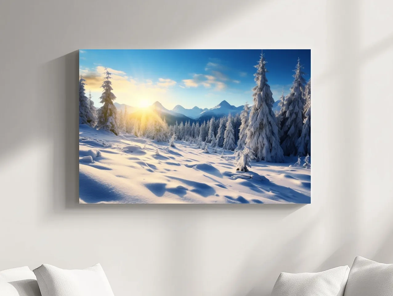 Snowy Sunrise Alpine Forest Landscape - Serene Photographic Nature Wall Art