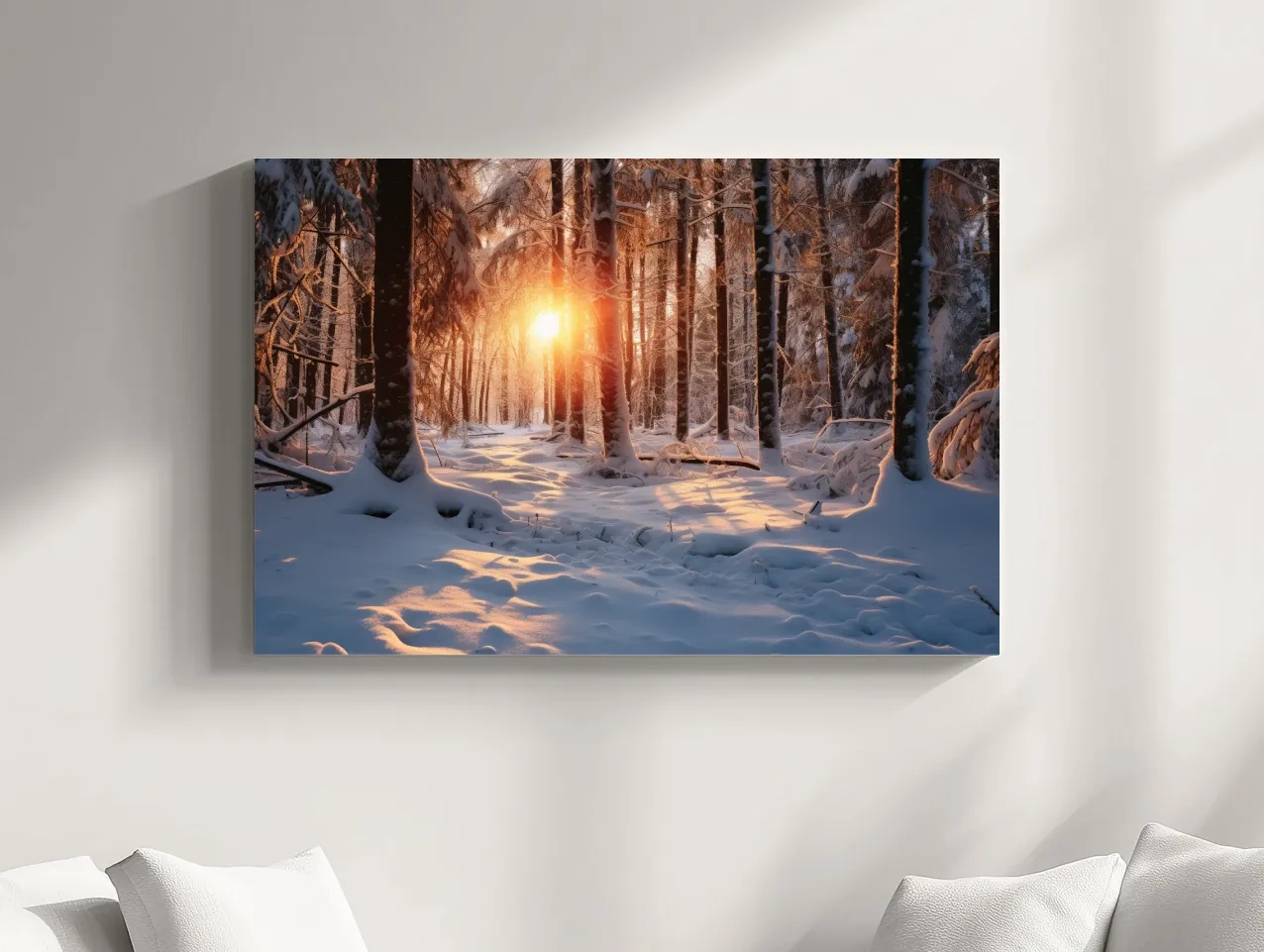 Golden Winter Sunrise Snowy Forest - Serene Nature Landscape Wall Art