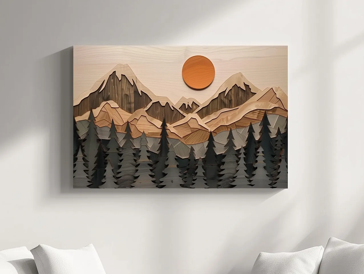 Rustic Geometric Wood Grain Mountain Sunrise - Pine Forest Landscape Wall Art