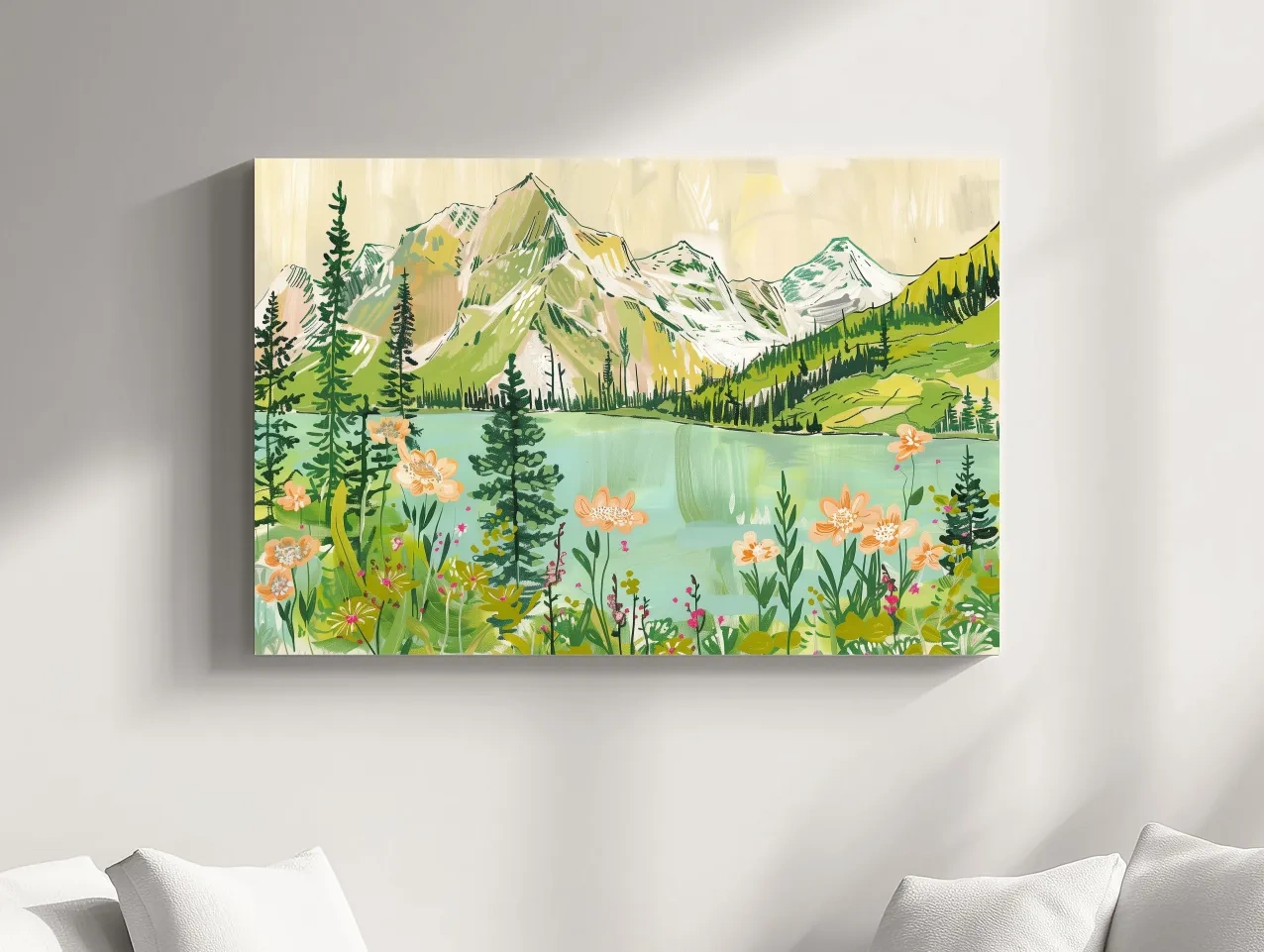 Whimsical Alpine Lake Wildflower Stylized Painting - Mountain Meadows Wall Art