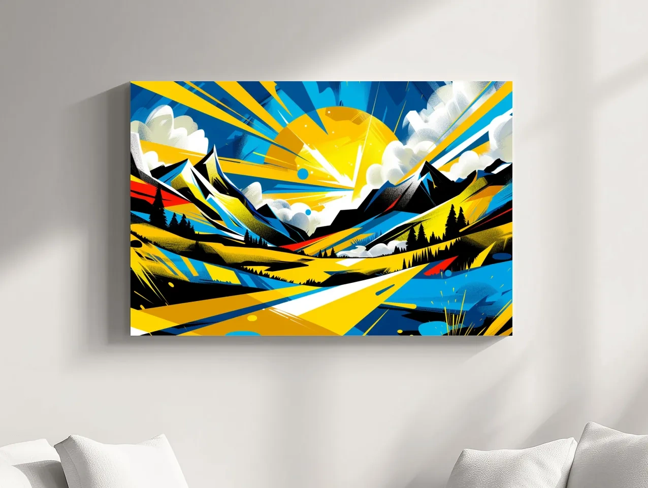 Vibrant Geometric Graffiti Mountain Sunset Landscape - Bold Pop Art Style Wall Art