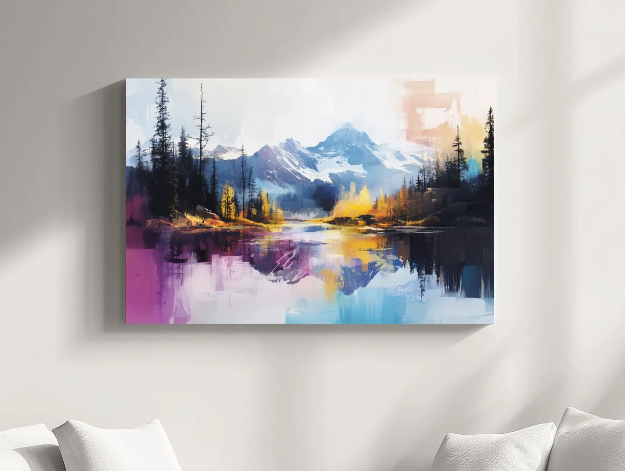 Vibrant Abstract Mountain Lake Reflection Painting - Colorful Modern Landscape Wall Art