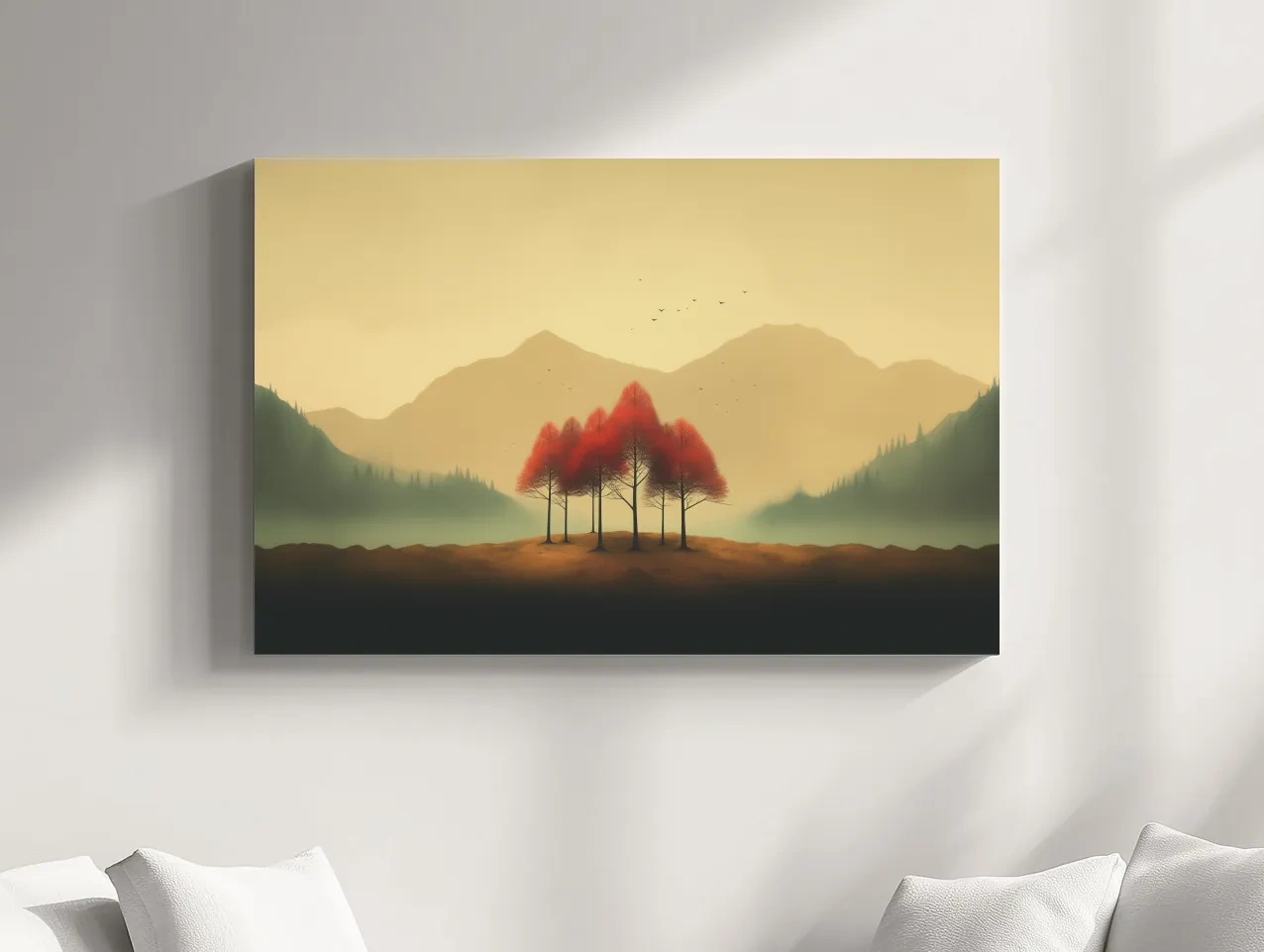 Minimalist Autumn Tree Grove Landscape - Misty Mountain Forest Wall Art