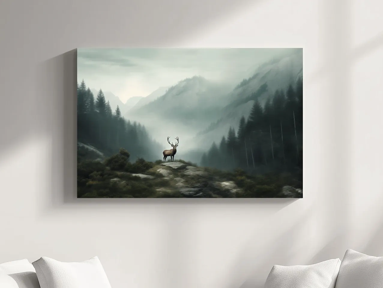 Moody Misty Mountain Deer Landscape - Atmospheric Forest Wildlife Wall Art