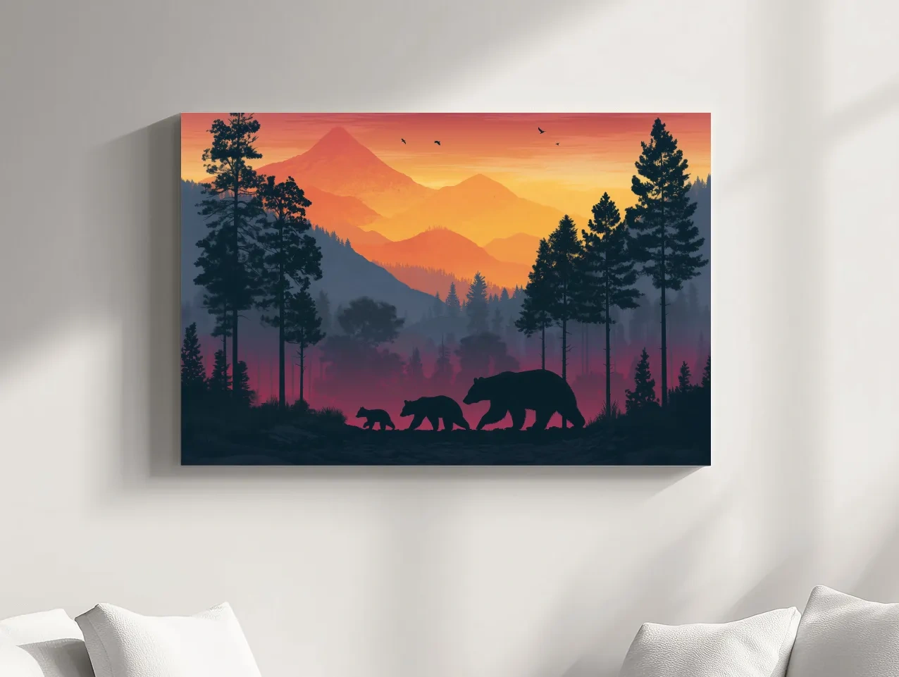 Sunset Momma Bear & Cubs Silhouette - Forest Wildlife Wall Art
