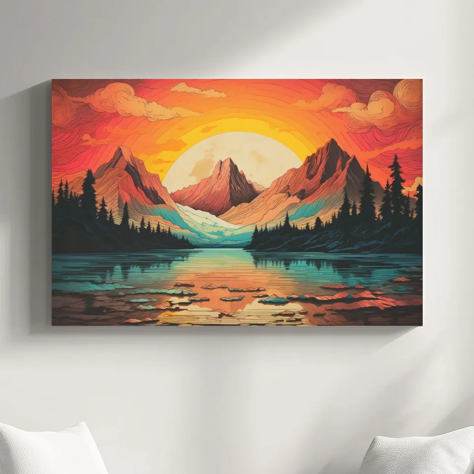 Vibrant Retro Alpine Lake Sunset - Stylized Mountain Wall Art