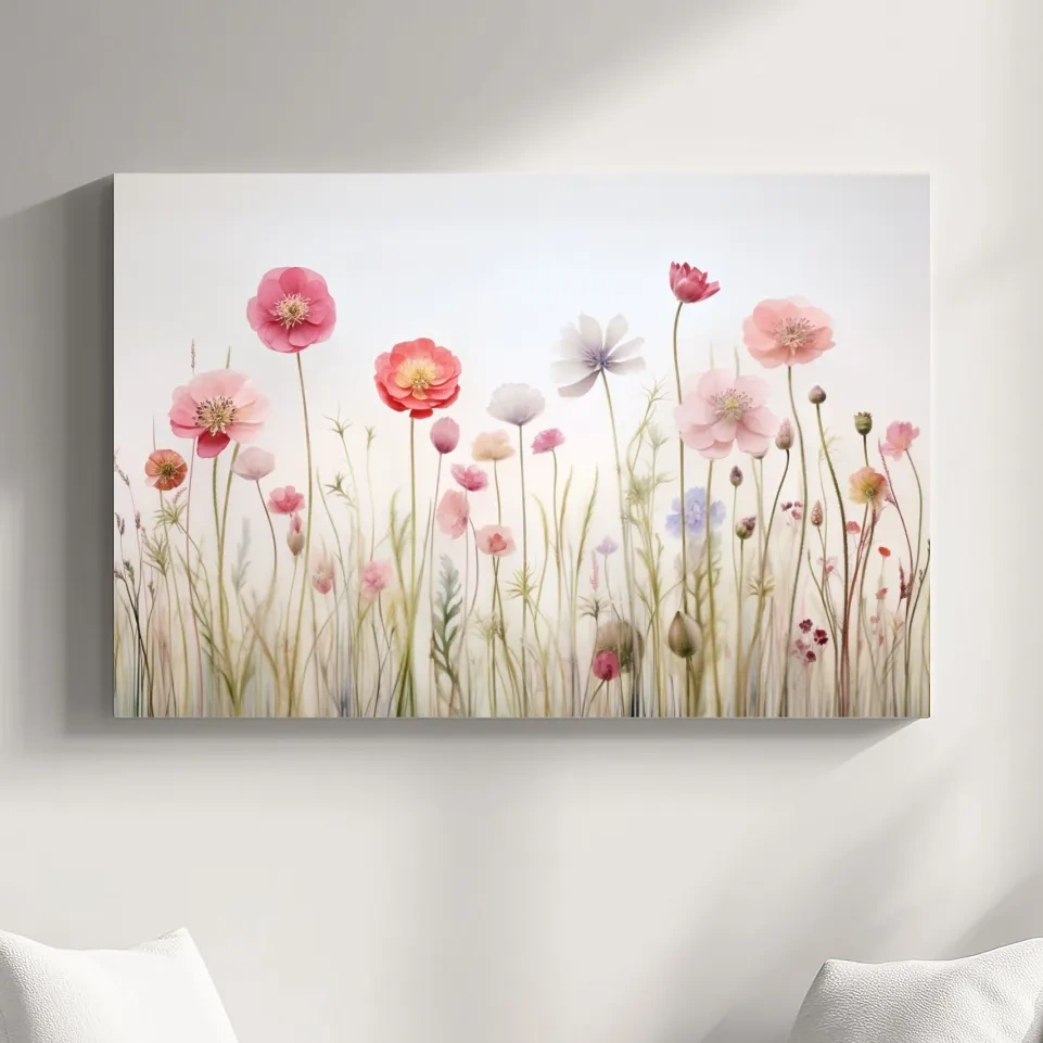 Soft Pastel Wildflower Meadow Watercolor - Minimalist Floral Botanical Wall Art