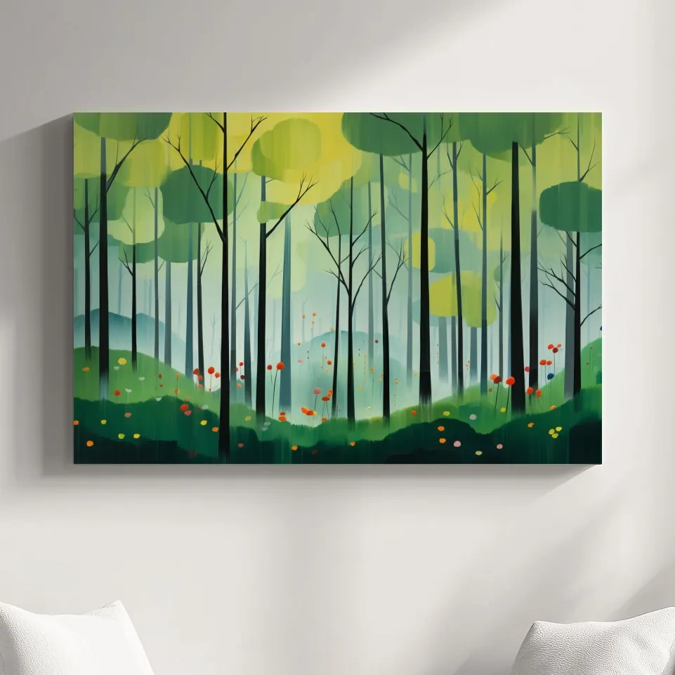 Whimsical Misty Forest Grove Illustration - Woodland Landscape Wall Art