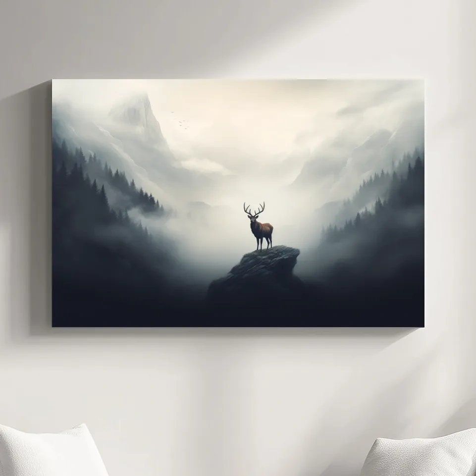 Majestic Stag On Rocky Peak - Misty Mountain Forest Wall Art