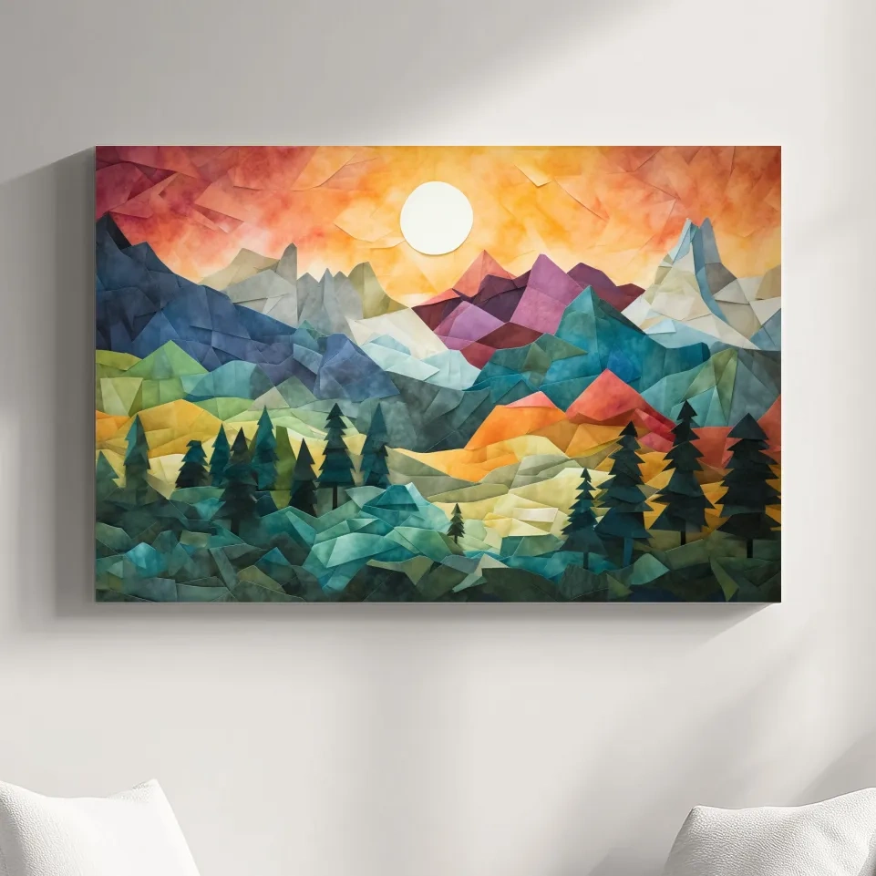 Abstract Alpine Mountain Sunset Artwork - Vibrant Patchwork Mosaic Wall Art