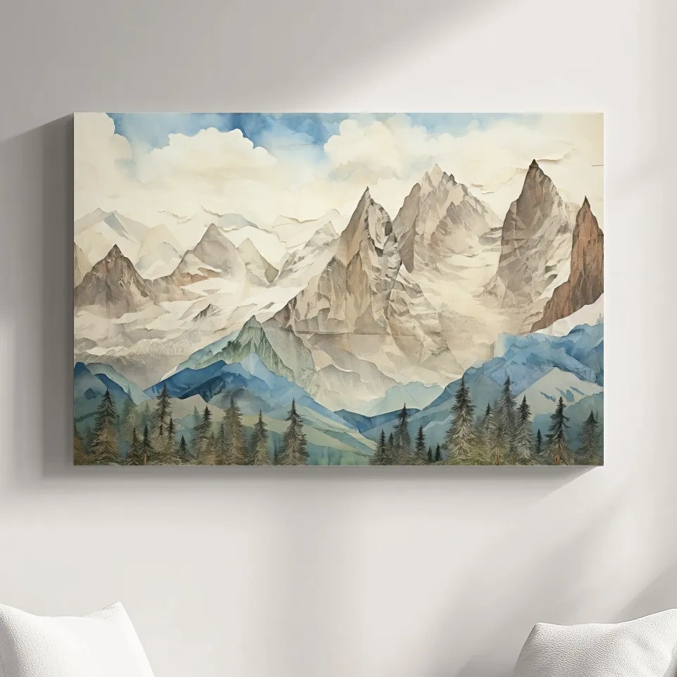 Misty Paper Cut-out Alpine Mountain Range - Serene Forest Landscape Wall Art