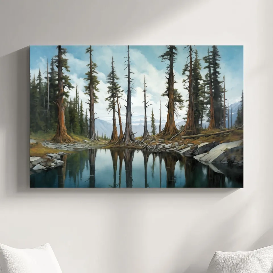 Pine Forest Lake Reflection Painting - Serene Wilderness Landscape Wall Art