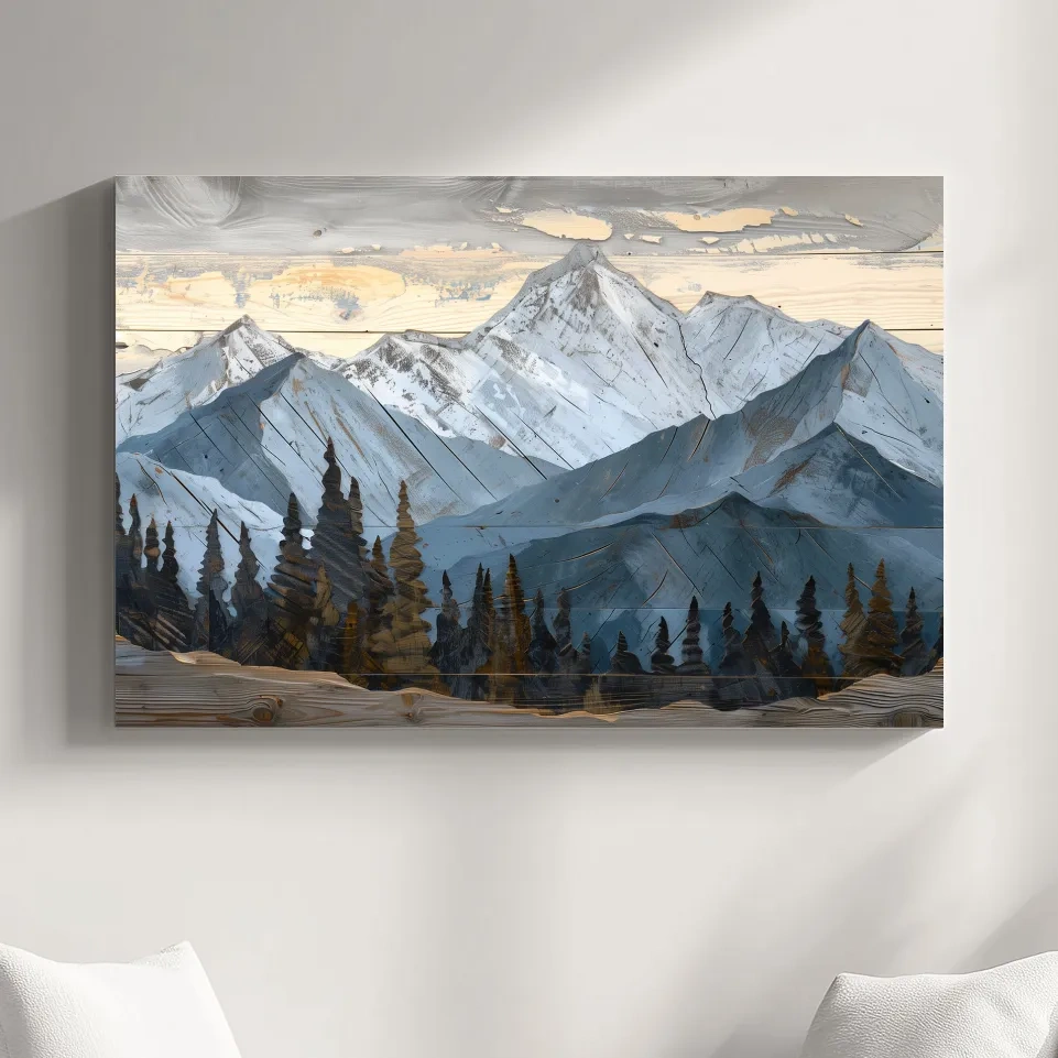 Alpine Forest Mountain Range Artwork - Rustic Woodgrain Landscape Wall Art