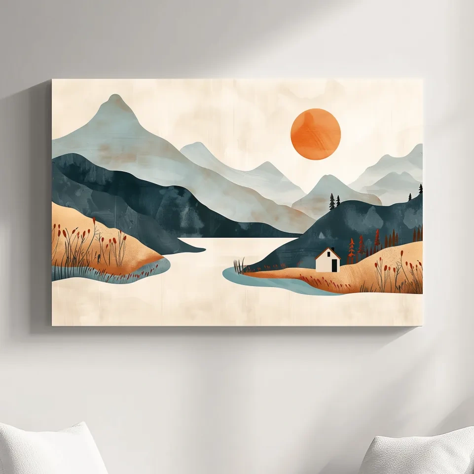 Minimalist Mountain Sunset Lake Cabin Illustration - Modern Scandinavian Wall Art