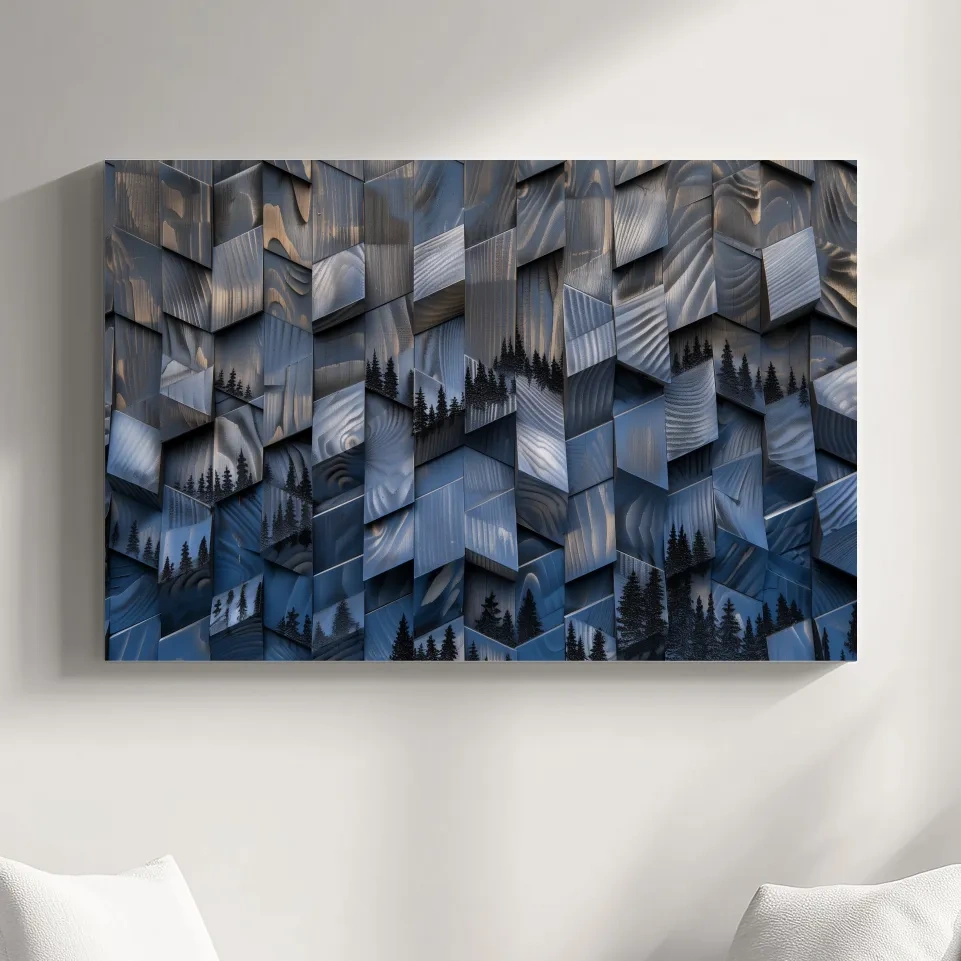 Wood Block Mountain Forest Collage - 3D Effect Abstract Landscape Wall Art