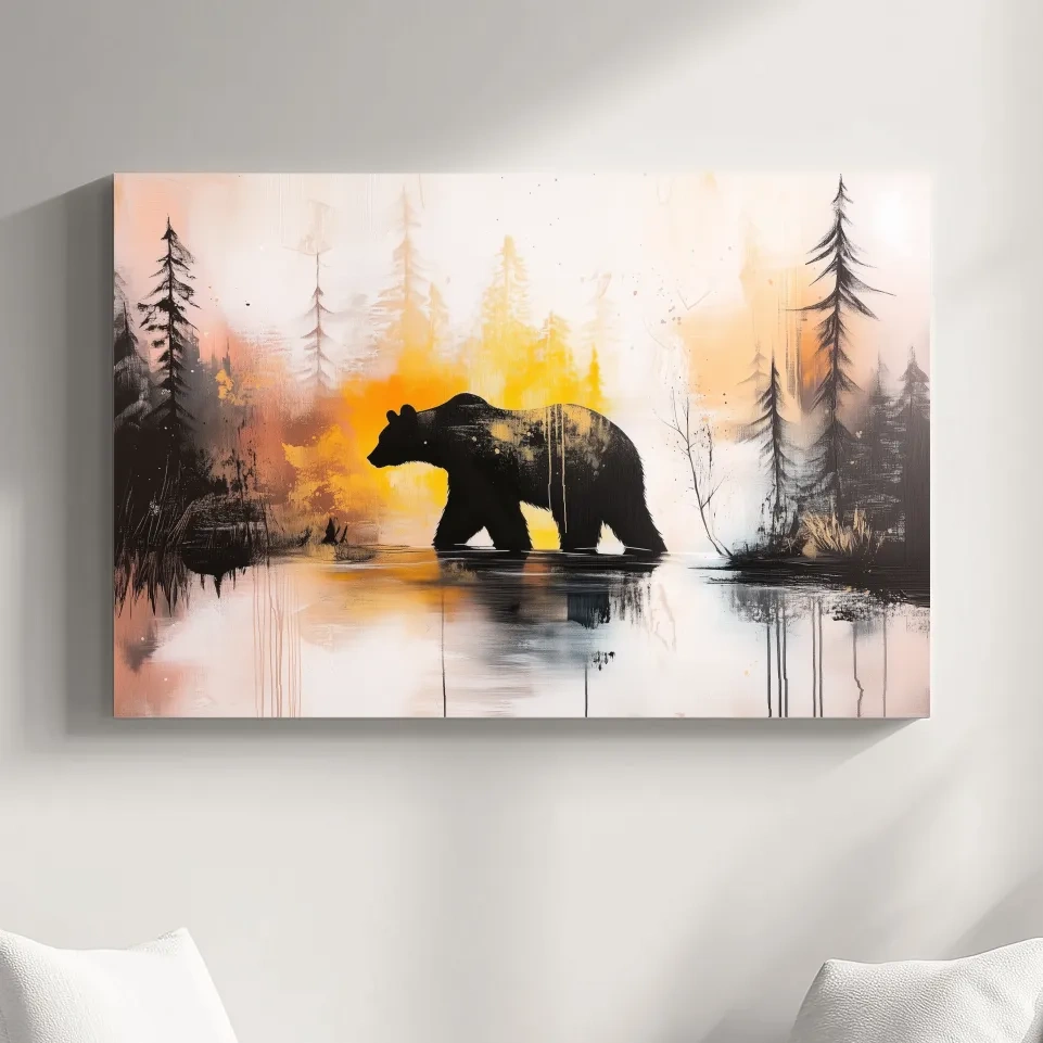 Grizzly Bear Forest Silhouette - Abstract Watercolor Wilderness Wall Art