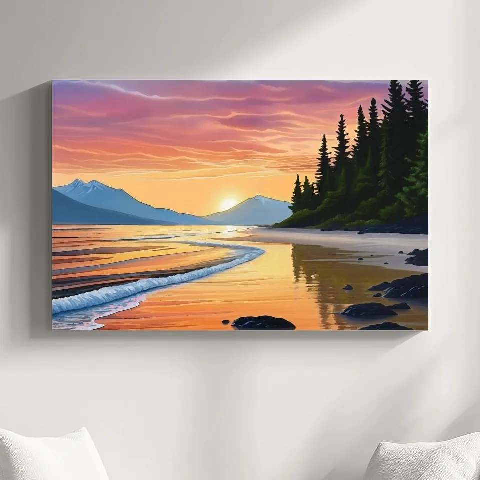 Pacific Northwest Coastal Sunset Beach Painting - Vibrant Pine Wall Art