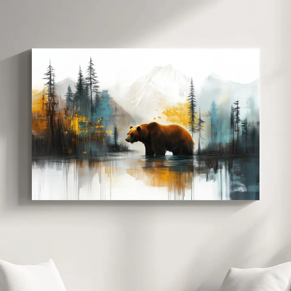 Grizzly Bear Lake Reflection - Misty Mountain Forest Watercolor Style Artwork