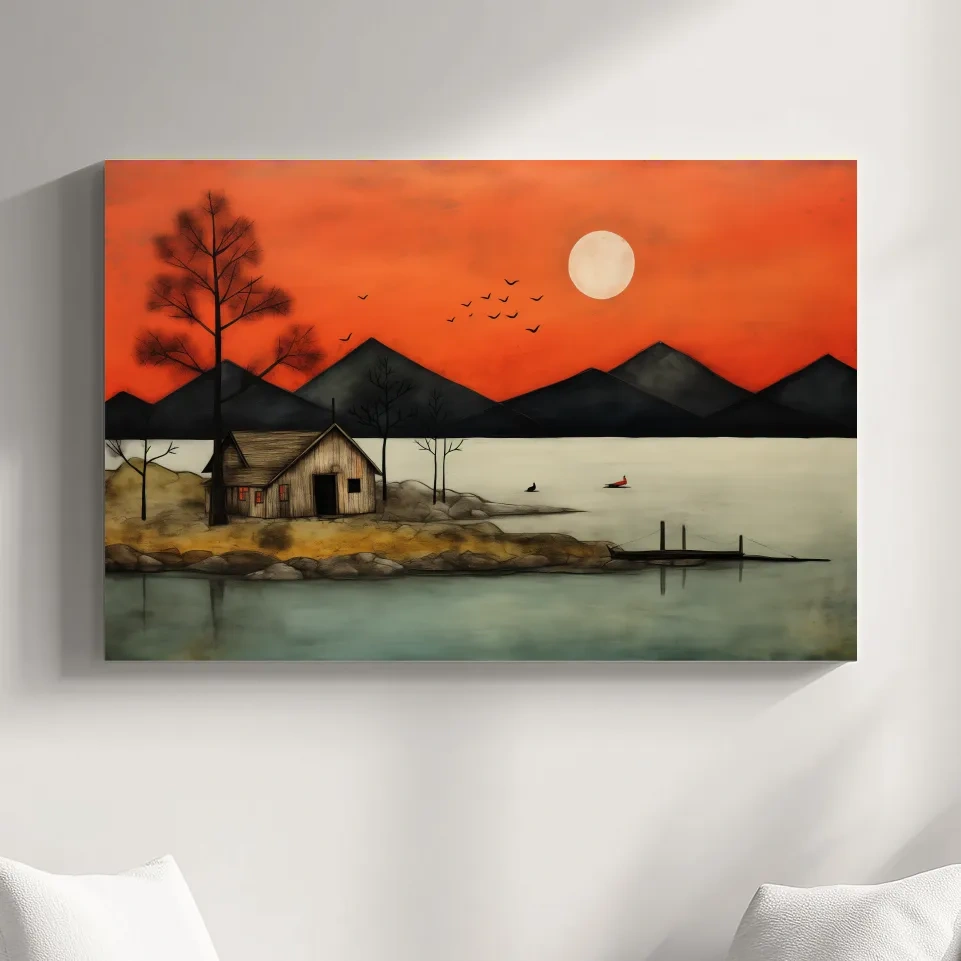 Rustic Lakeside Cabin Sunset Painting - Mountain Wall Art