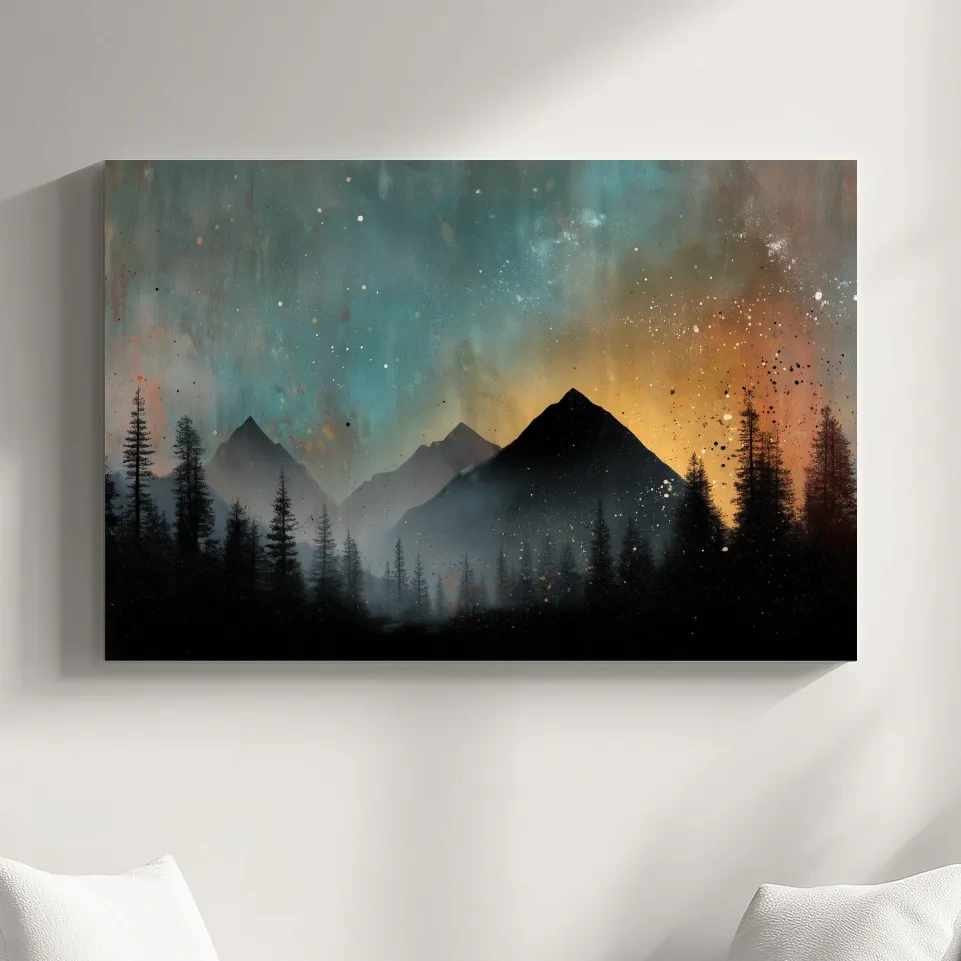 Moody Mountain Sunset Silhouette - Abstract Pine Forest Wall Art