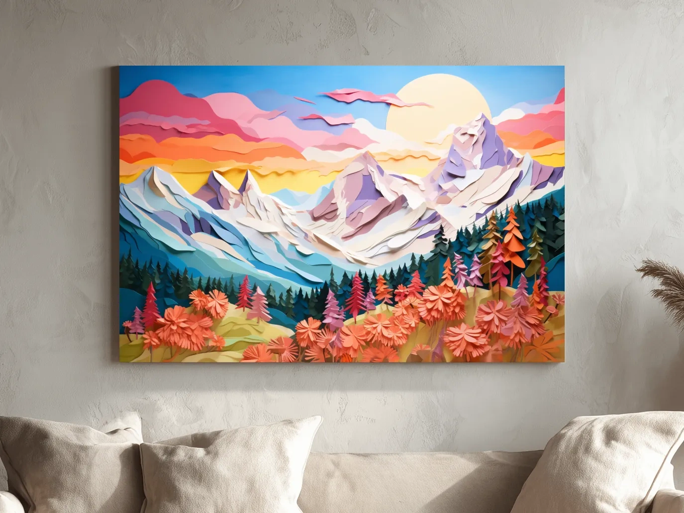 Faux Paper Cut Mountain Sunrise Landscape - Colorful Alpine Meadows Wall Art Print