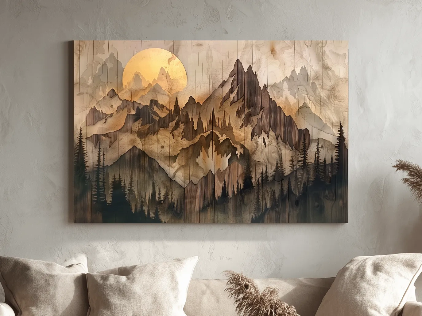 Rustic Sepia Mountain Sunrise Landscape - Vintage Wood Grain Watercolor Artwork