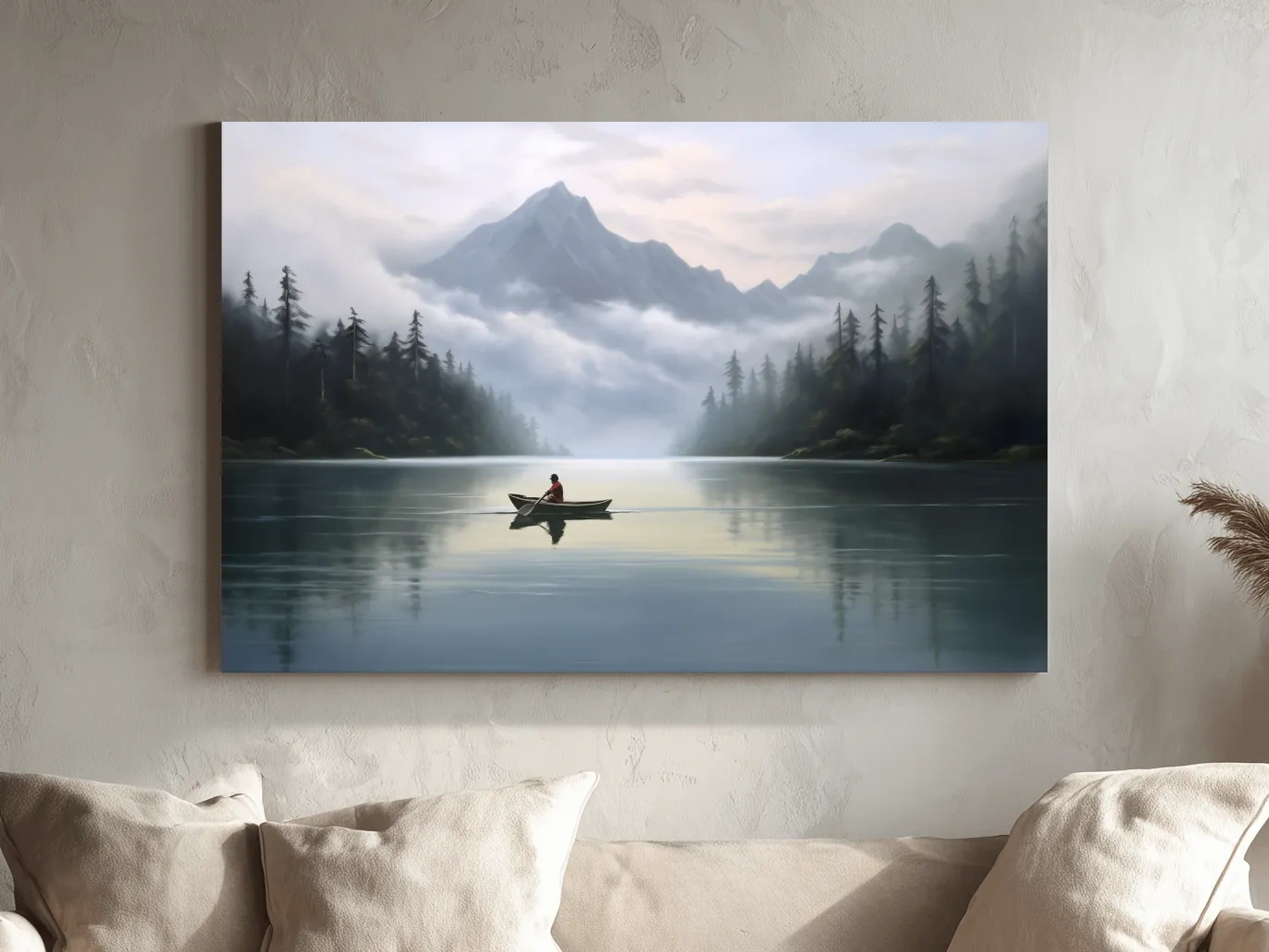 Misty Mountain Alpine Lake Canoe Scene - Serene Landscape Wall Art