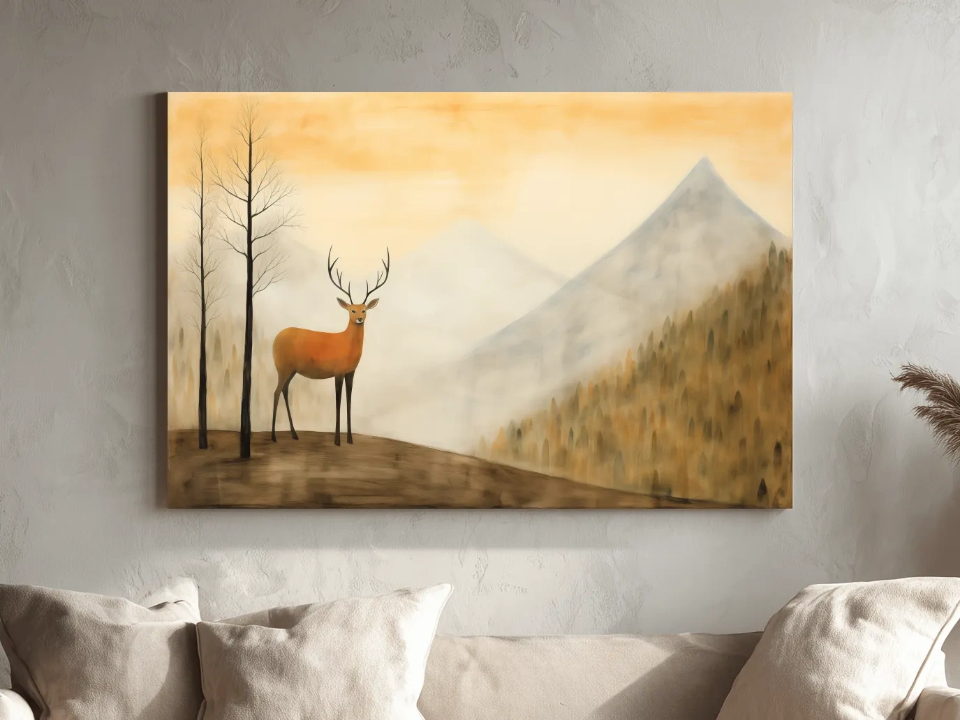 Deer Alpine Mountain Landscape Painting - Serene Foggy Forest Wall Art