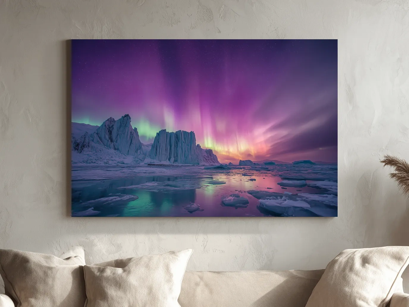 Vibrant Purple Northern Lights Over Arctic Icebergs - Aurora Borealis Landscape Wall Art