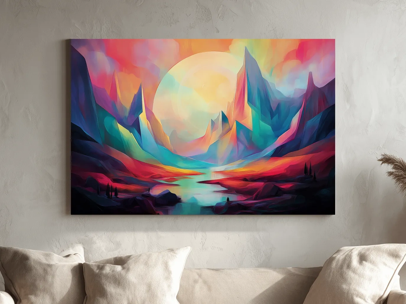 Vibrant Abstract Mountain Valley Sunset - Colorful Surreal Landscape Wall Art