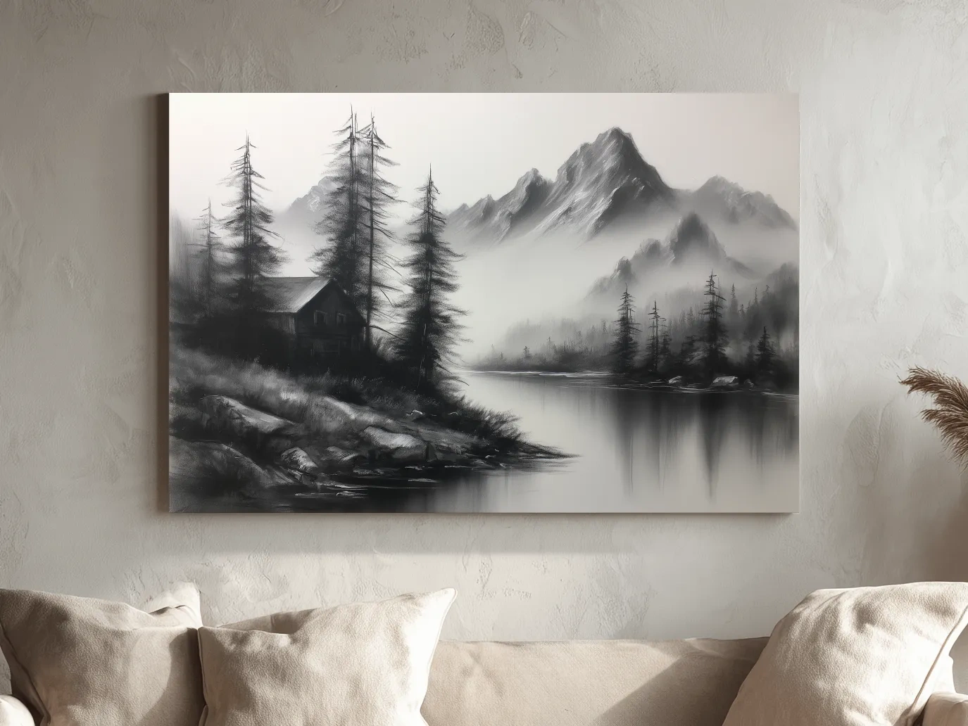 Moody Monochrome Alpine Lake Cabin - Charcoal Mountain Sketch Style Wall Art