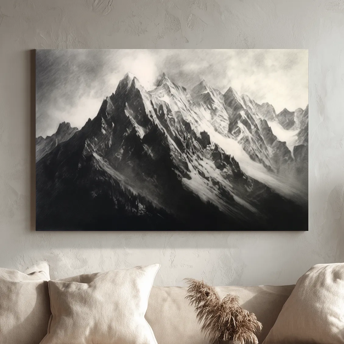Moody Monochrome Snowy Mountain Peaks - Dramatic Charcoal Landscape Artwork