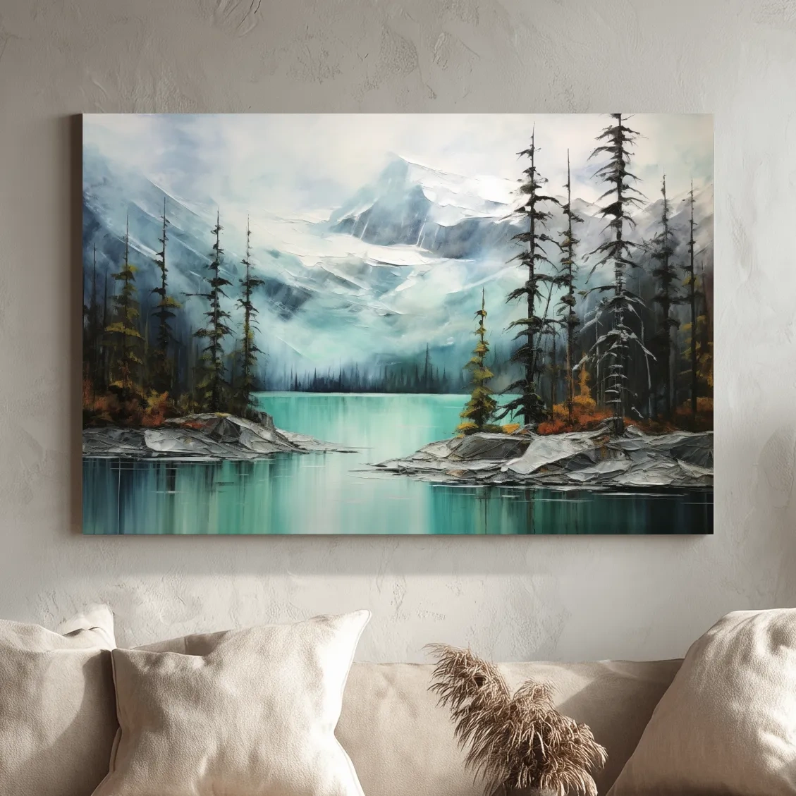 Misty Turquoise Mountain Lake Painting - Serene Alpine Forest Landscape Wall Art