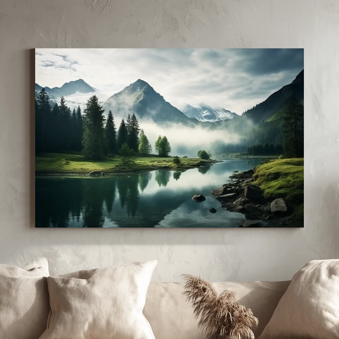 Misty Alpine Lake Reflection Landscape - Mountain Forest Photographic Wall Art