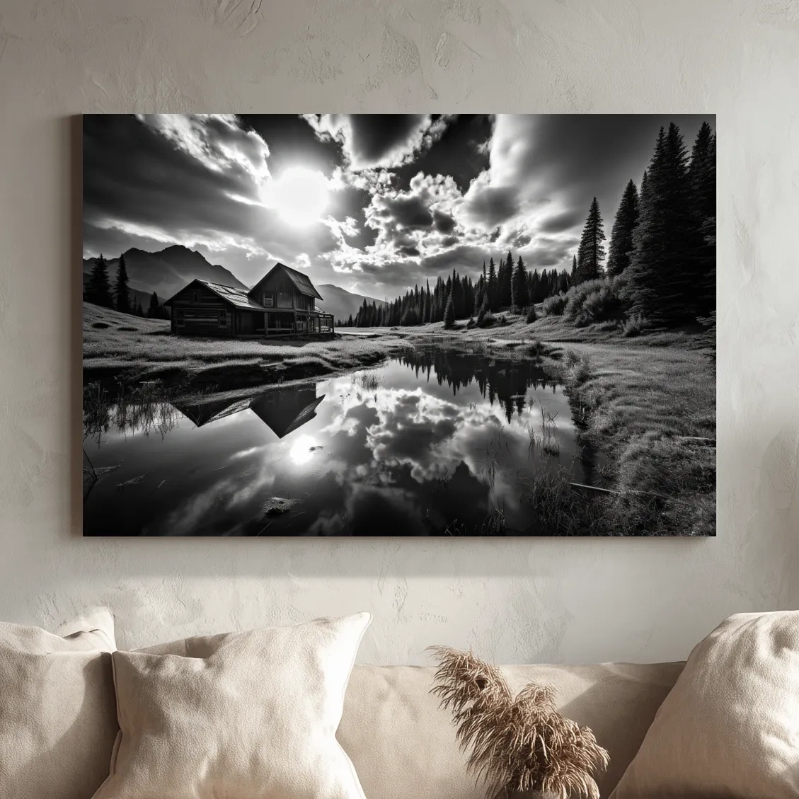 Moody Black And White Mountain Cabin Reflection - Dramatic Alpine Landscape Photography Wall Art