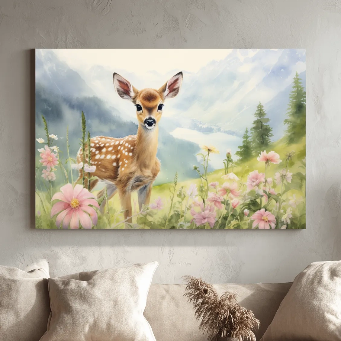 Watercolor Fawn In Wildflowers - Pastel Alpine Meadow Nursery Wall Art