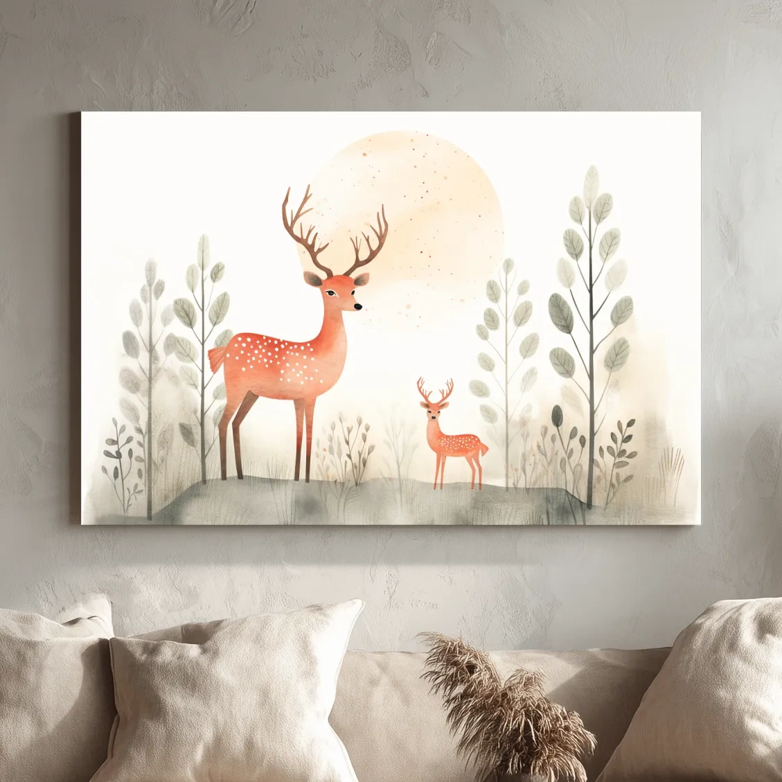 Whimsical Watercolor Deer Family Illustration - Scandinavian Nursery Forest Wall Art
