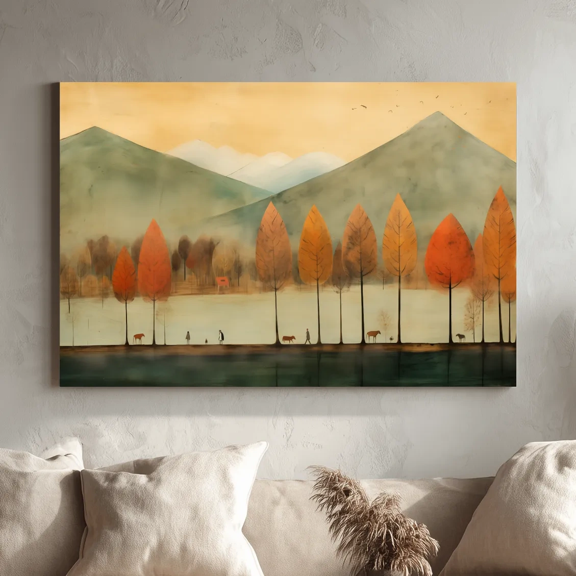 Autumn Tree Lined Lake Landscape - Quirky Watercolor Style Wall Art