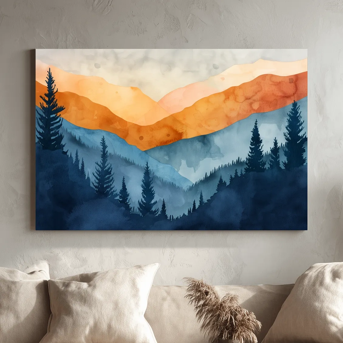 Moody Watercolor Mountain Range Silhouette - Pine Forest Painting Wall Art