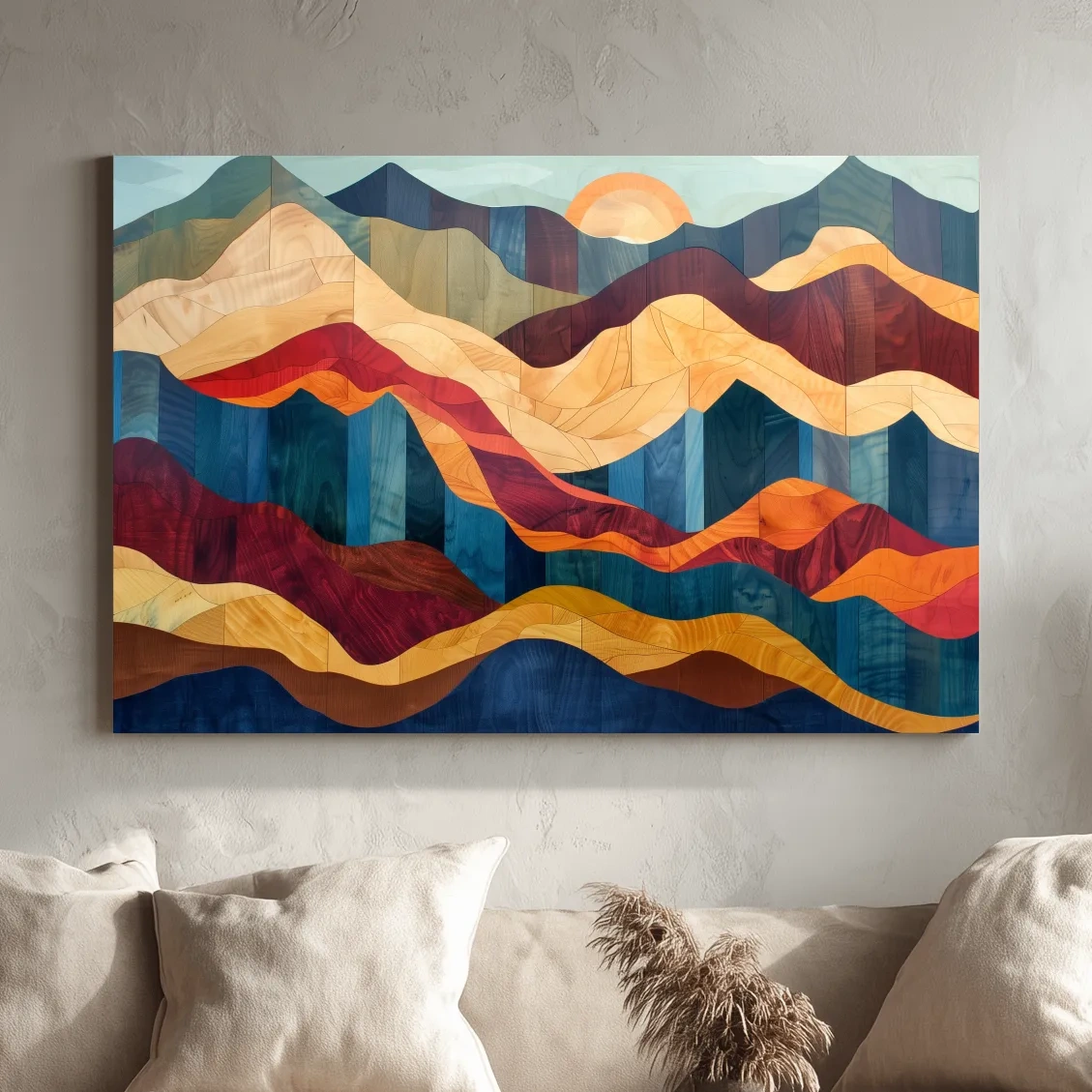 Layered Abstract Mountain Sunset Woodgrain - Mid Century Modern Wall Art