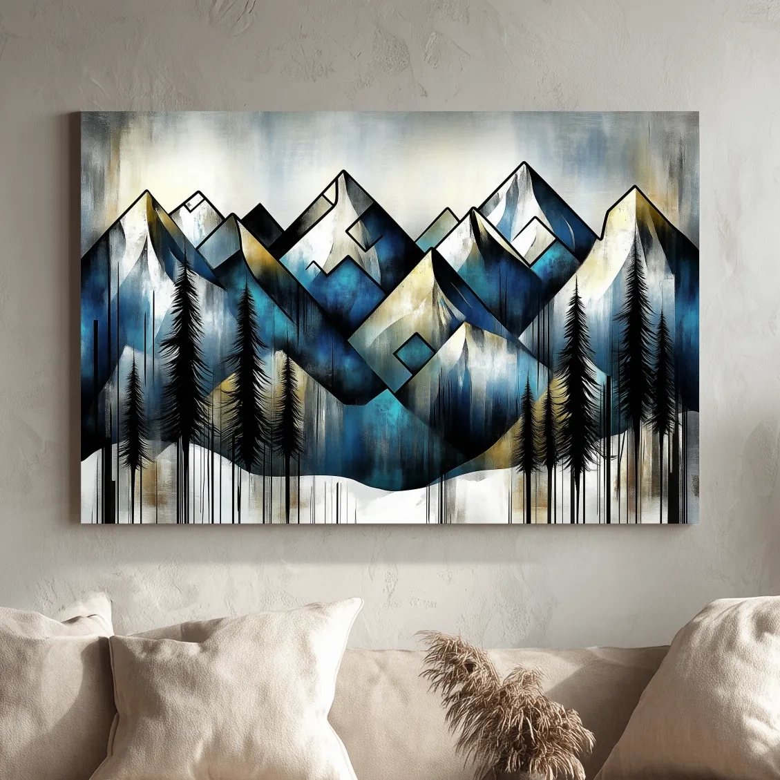 Geometric Mountain Peaks With Pine Trees - Modern Abstract Landscape Artwork